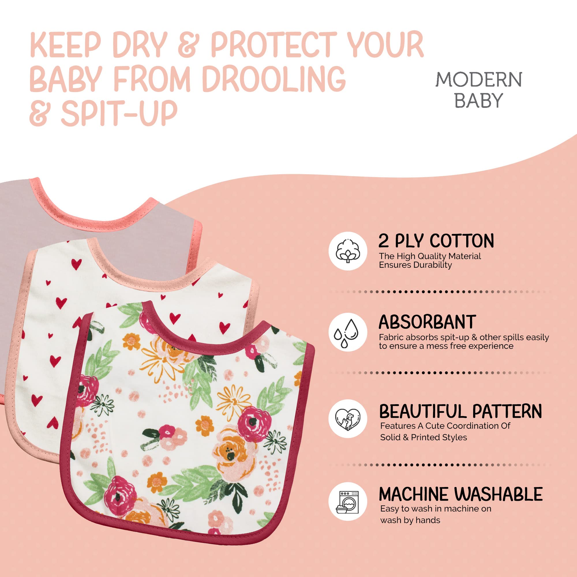 MODERN BABY rose floral burp cloths catching spills during feeds.