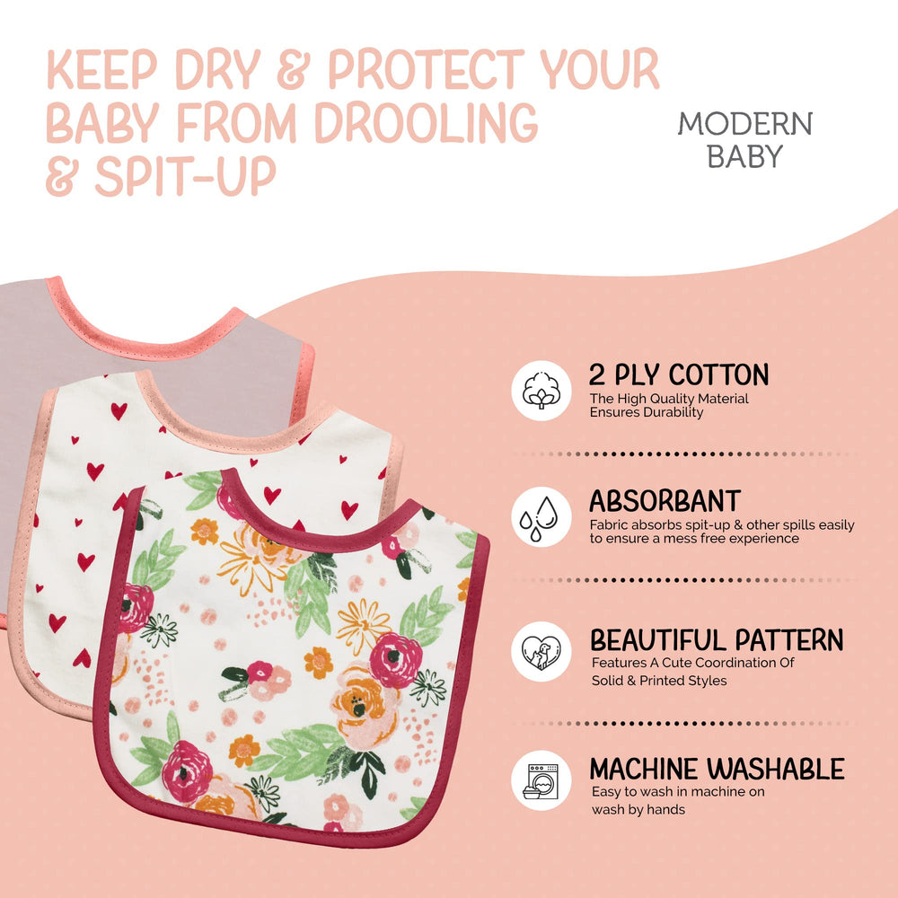 MODERN BABY rose floral burp cloths catching spills during feeds.