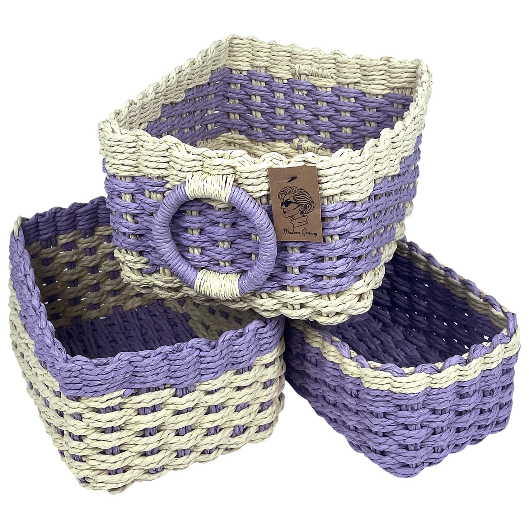 Modern Granny CALM color blocks basket on shelf for tidy storage