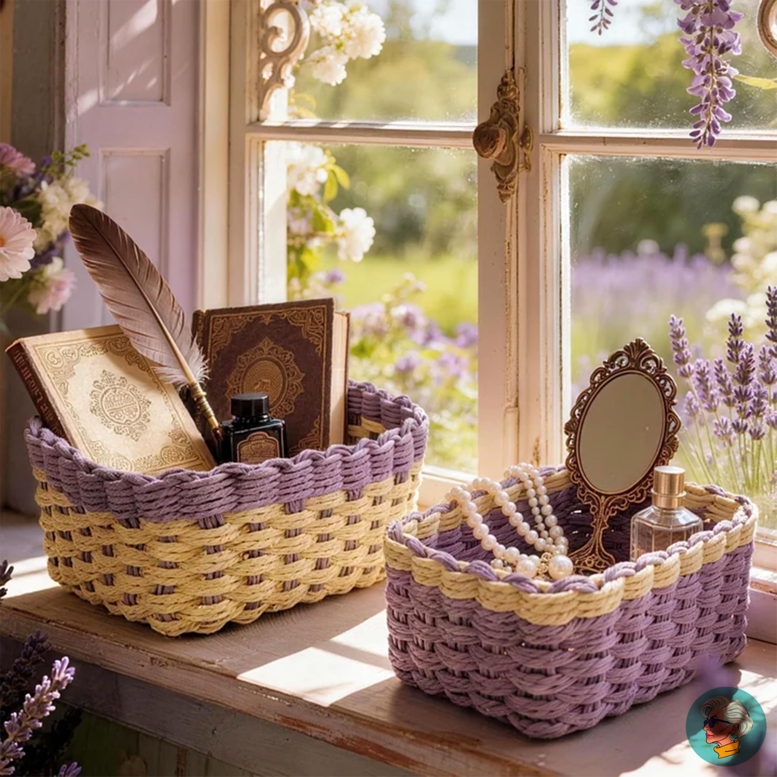 CALM basket on a shelf with colorful items for decluttering