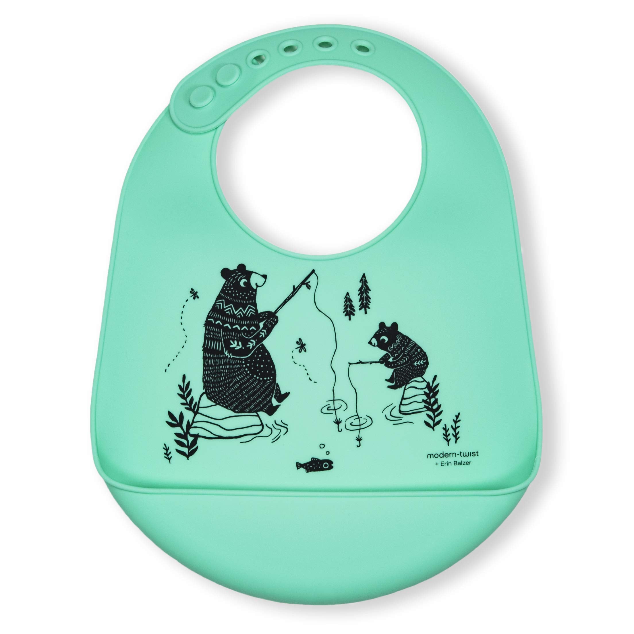 Modern Twist Bucket Bib with pocket catches spills for easy cleanup at meals.