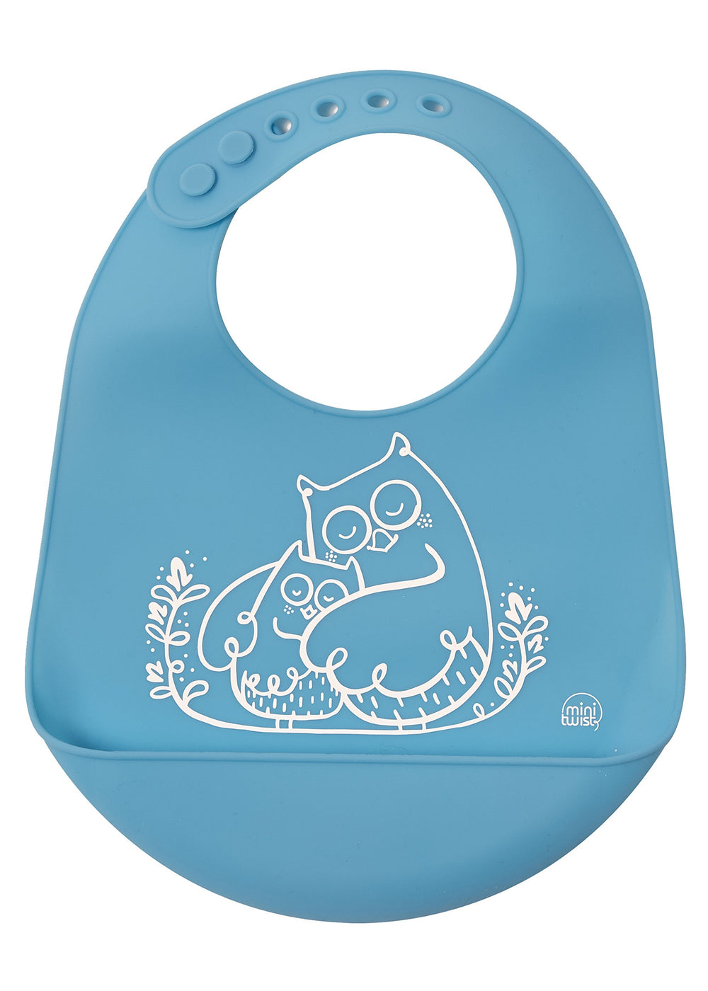 MODERN-TWIST bucket bib with owls in electric blue catches spills at meals