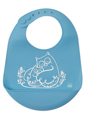 MODERN-TWIST bucket bib with owls in electric blue catches spills at meals