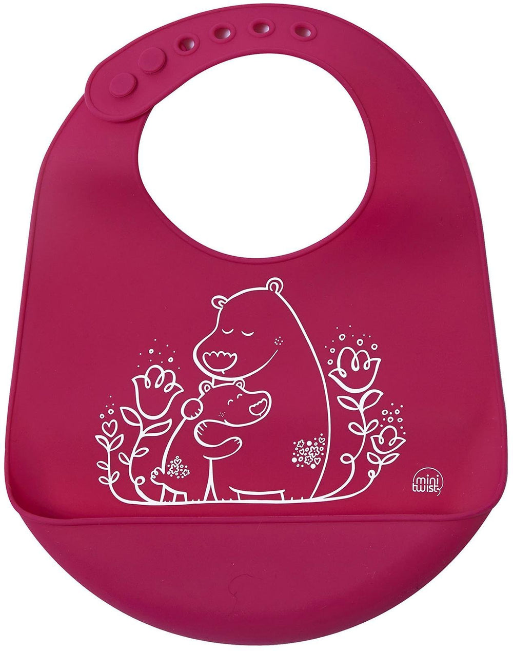Modern-Twist bucket bib pink bears design catches spills during meals.