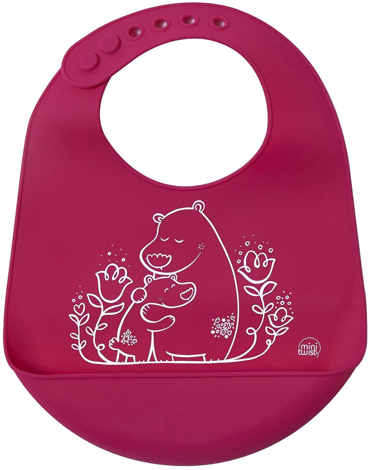 Modern-Twist bucket bib pink bears design catches spills during meals.
