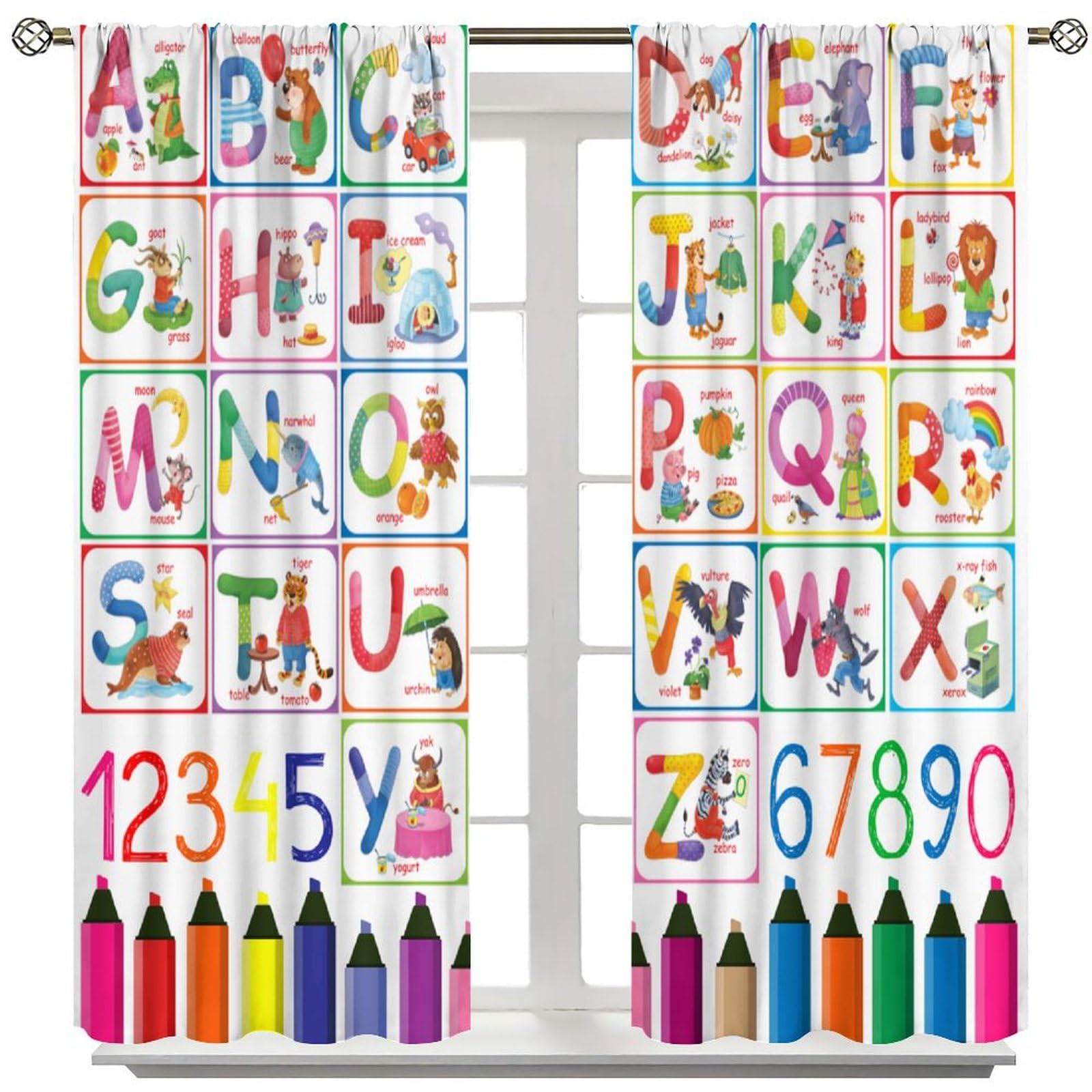 Moderw Alphabet ABC Curtains feature cartoon animals and bright colors for a cheerful study space.
