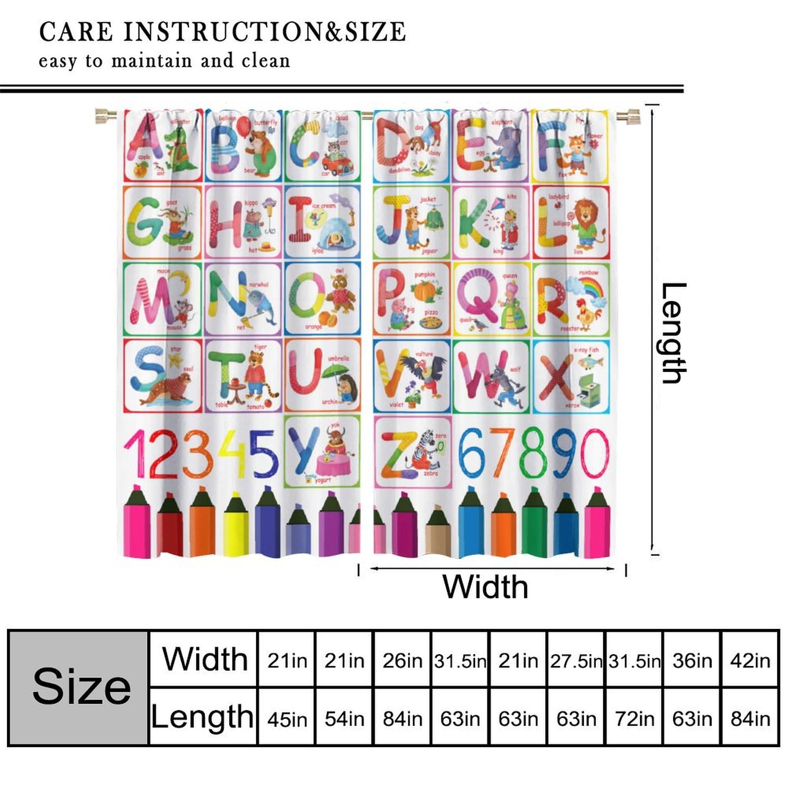 Moderw Alphabet ABC Curtains provide quick-drying, machine-washable care and durable print quality.