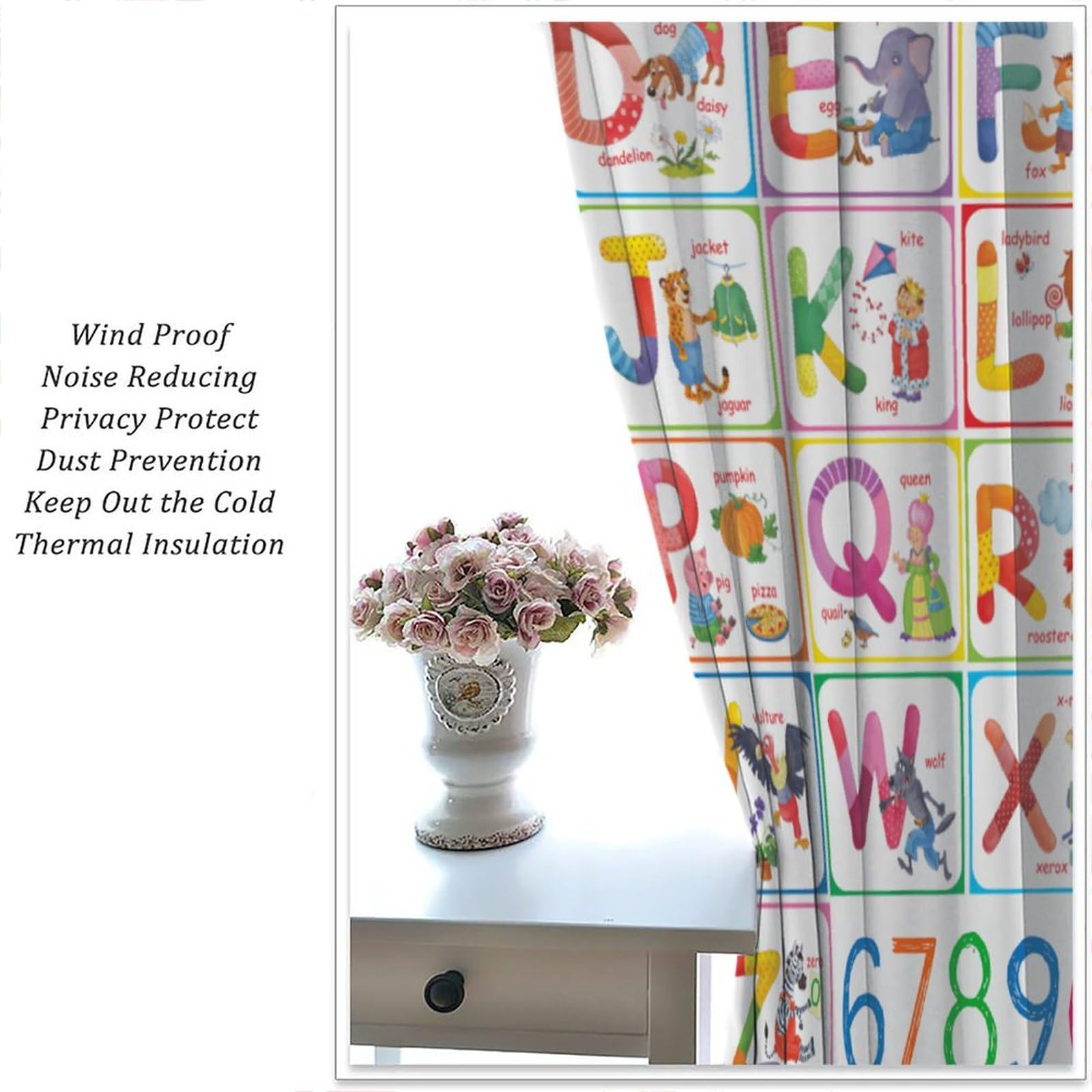 Moderw Alphabet ABC Curtains offer balanced light with UV considerations for a comfortable room.
