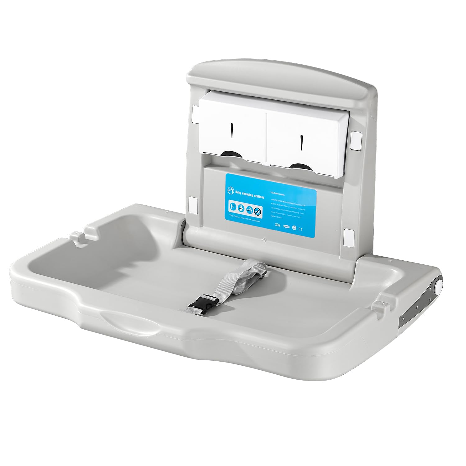 Modundry fold-down changing station on wall with granite finish for easy diaper changes.