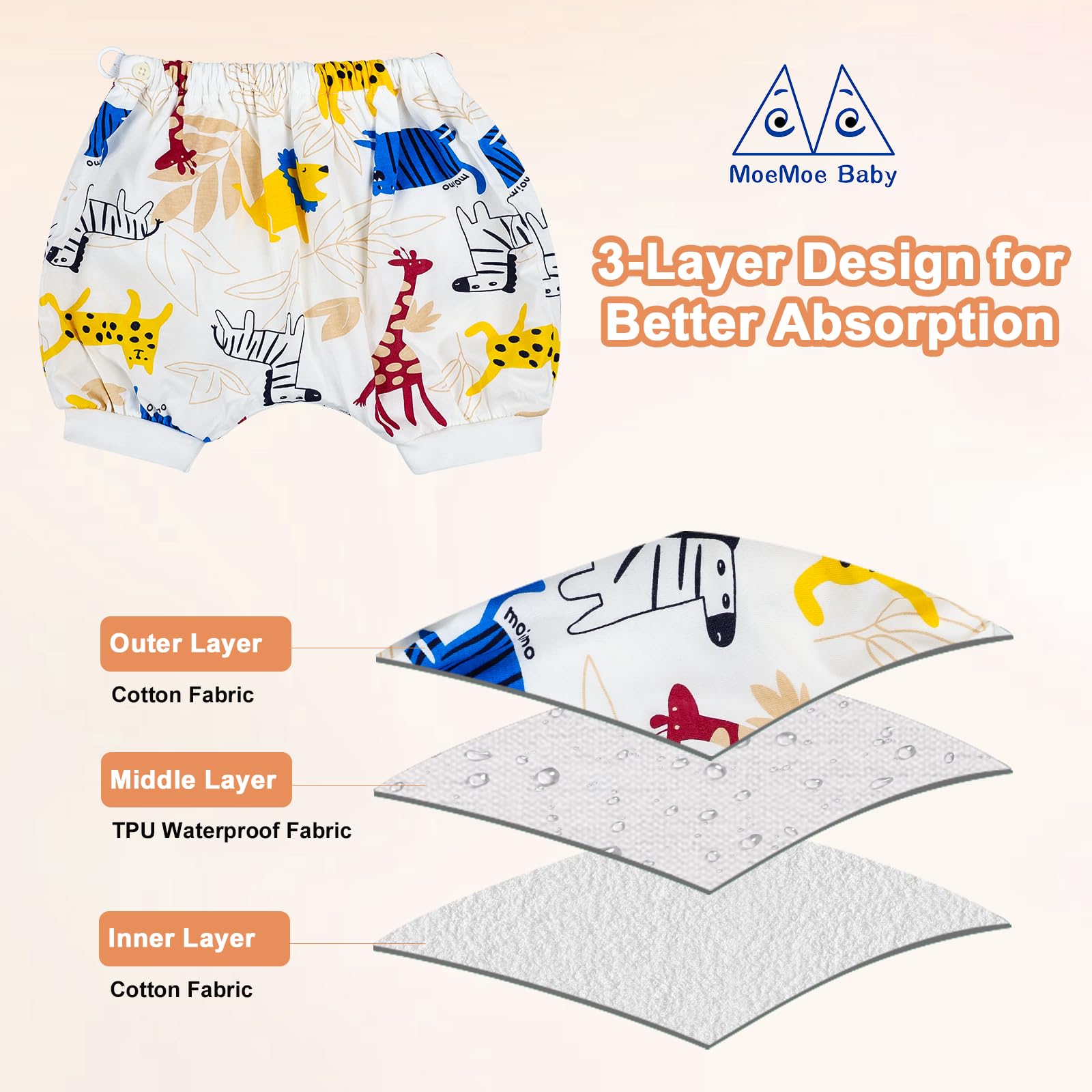 MOEMOE BABY nightwear diaper shorts with adjustable waist snaps for a secure fit.