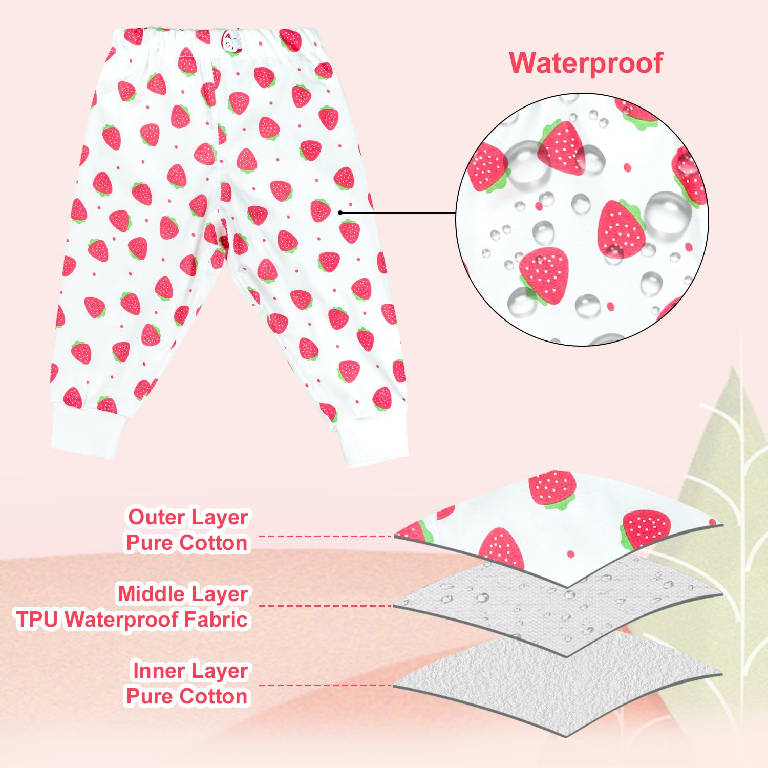 MOEMOE BABY waterproof layer detail highlighting strong moisture barrier for active toddlers.