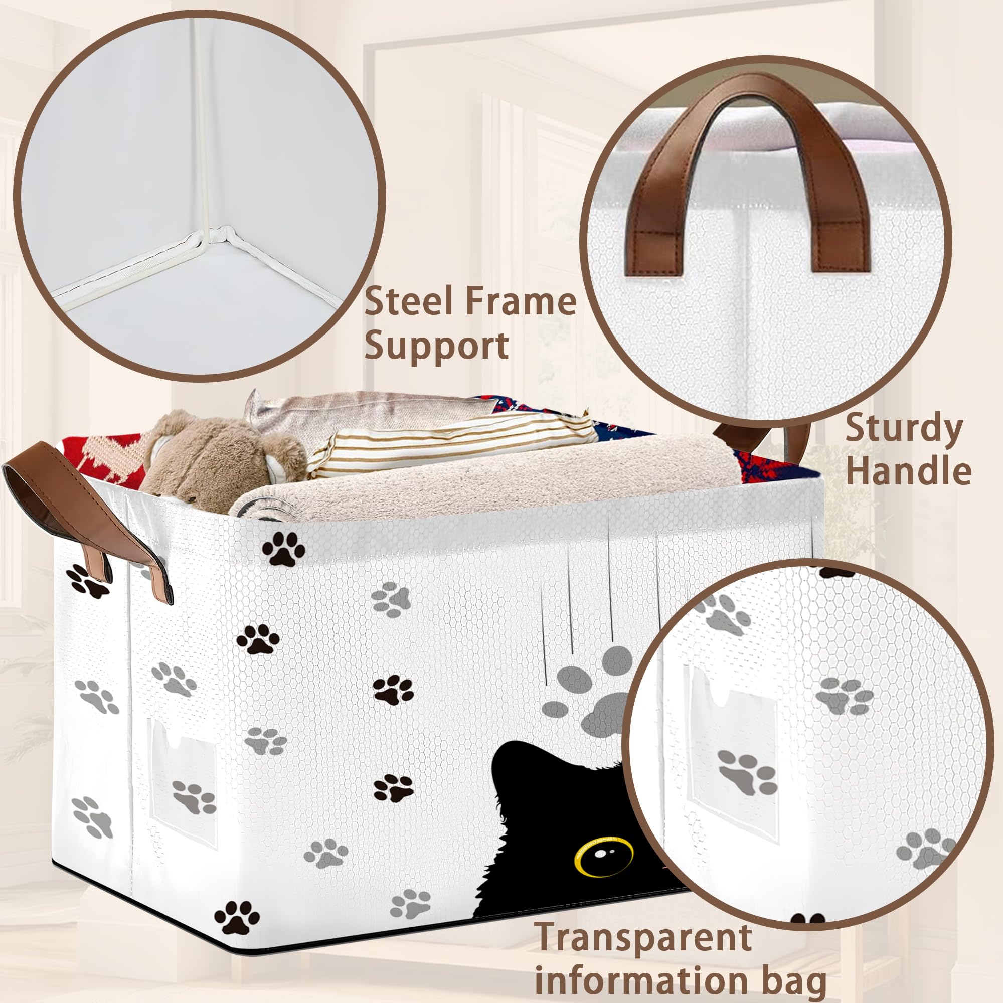 Mogifedc Black Cat storage basket leather handles closeup emphasizes reinforced stitching for durability.