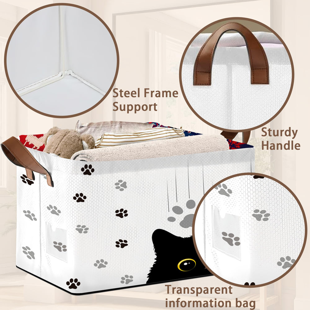 Mogifedc Black Cat storage basket leather handles closeup emphasizes reinforced stitching for durability.