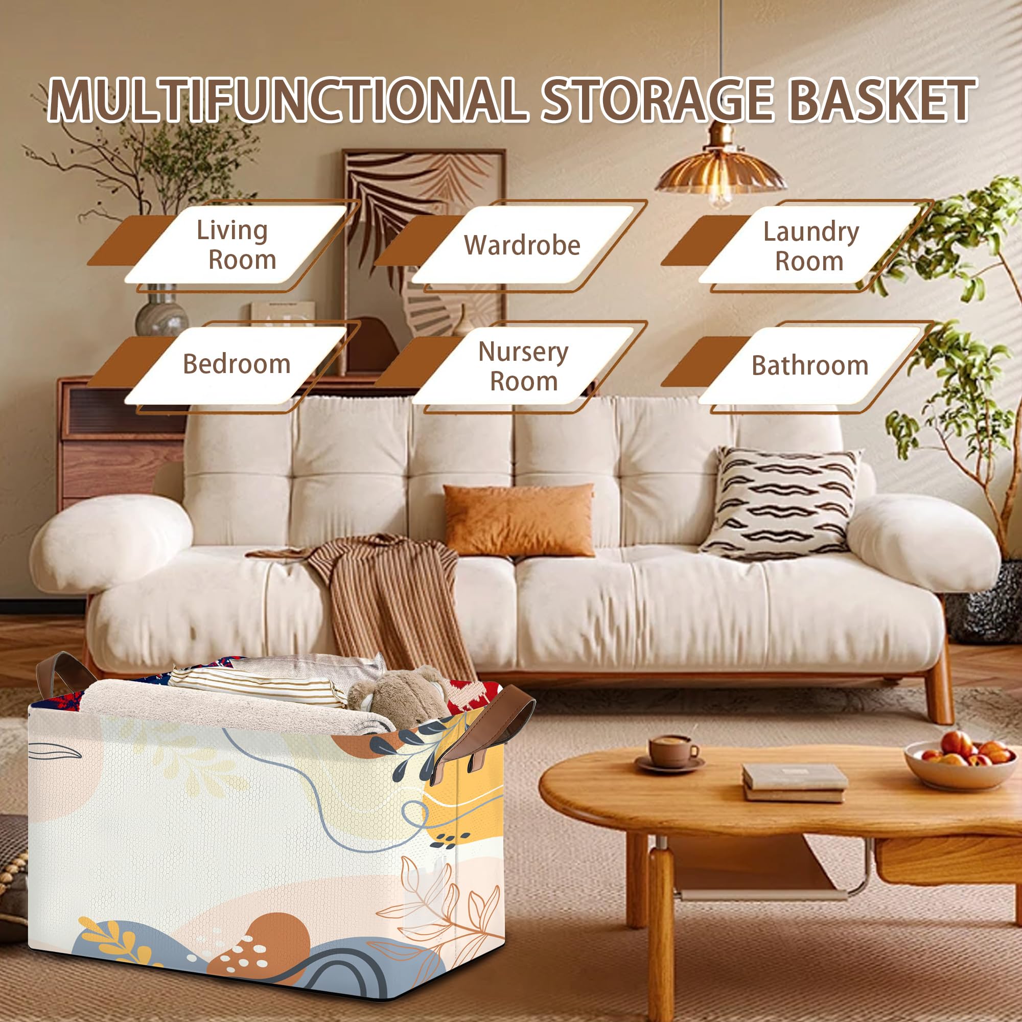 Mogifedc Boho Floral storage bin with leather handles, easy to carry heavy loads.