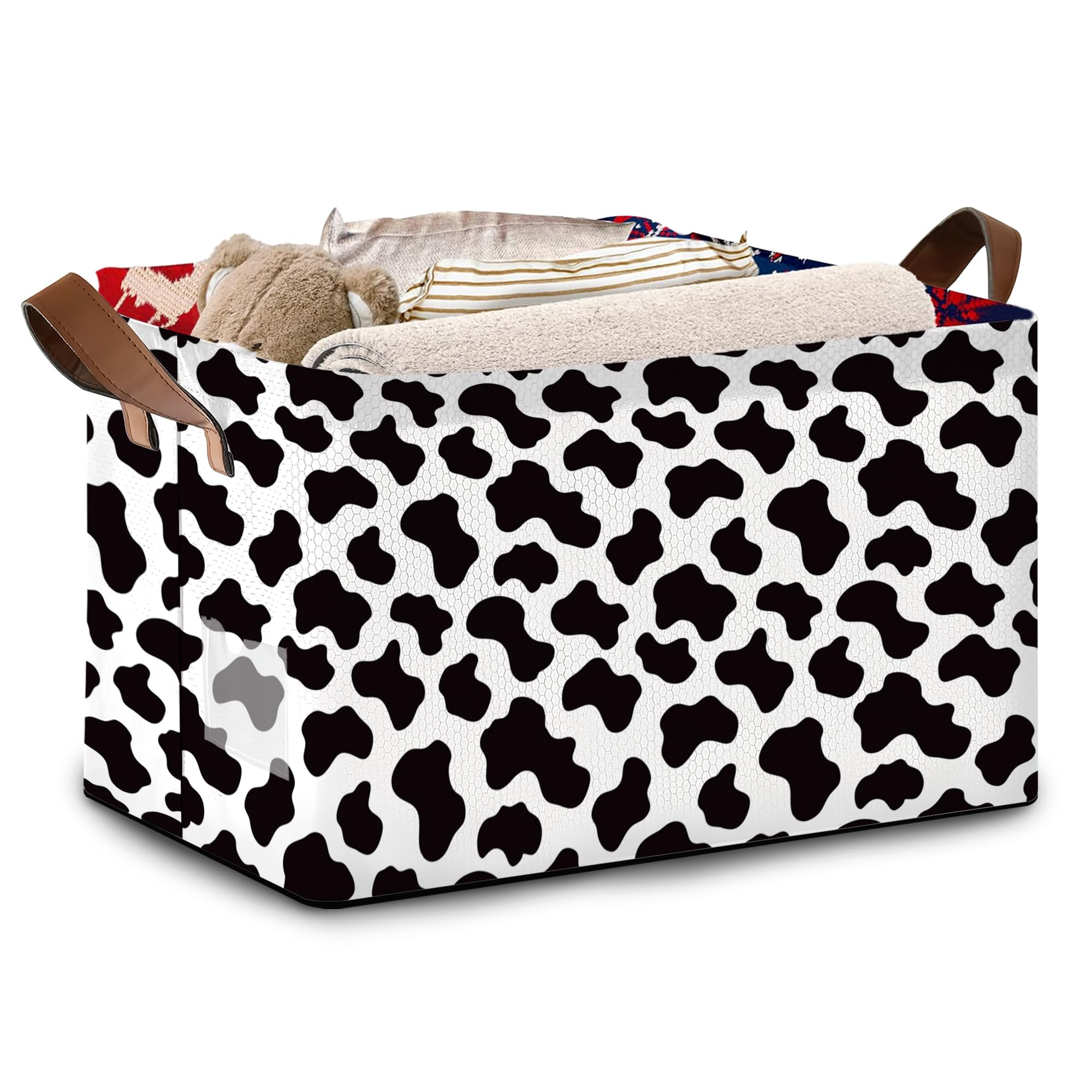 Mogifedc cow-pattern storage basket front view shows large capacity for organizing items
