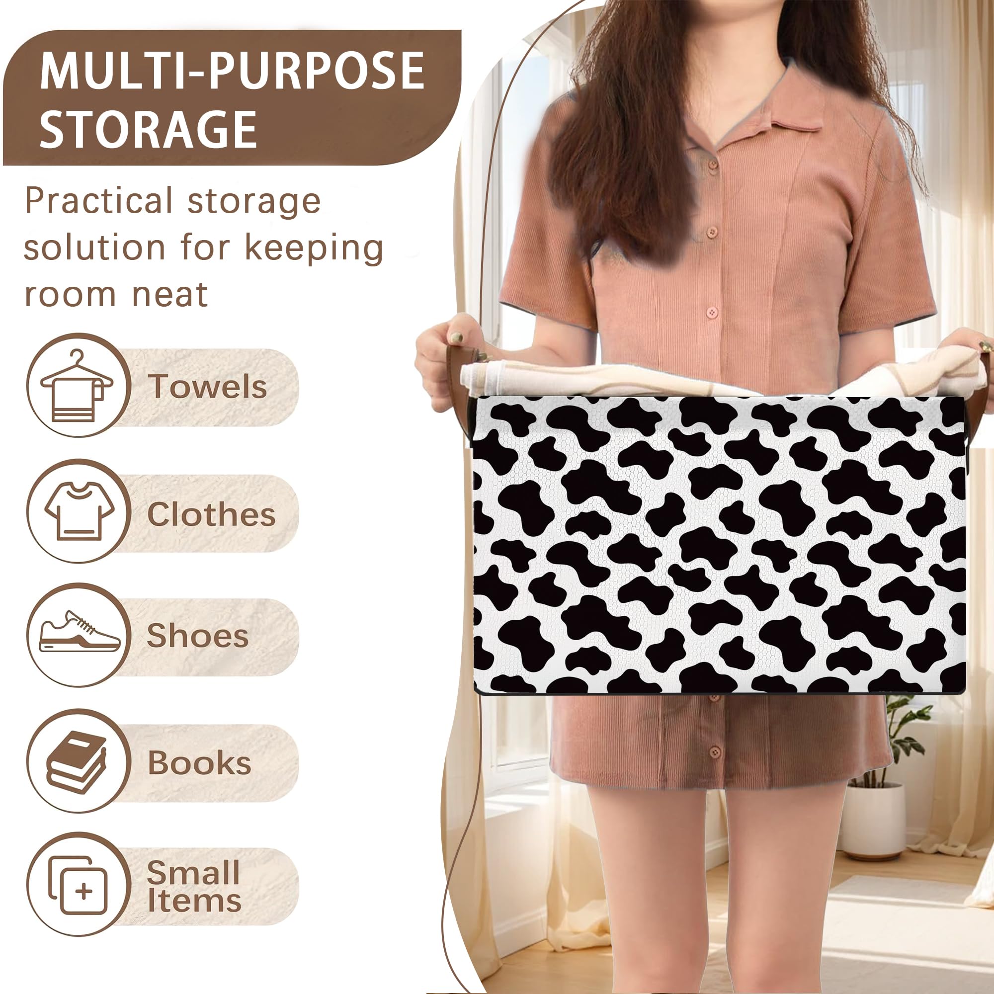 Mogifedc cow-pattern basket with leather handles for easy transport