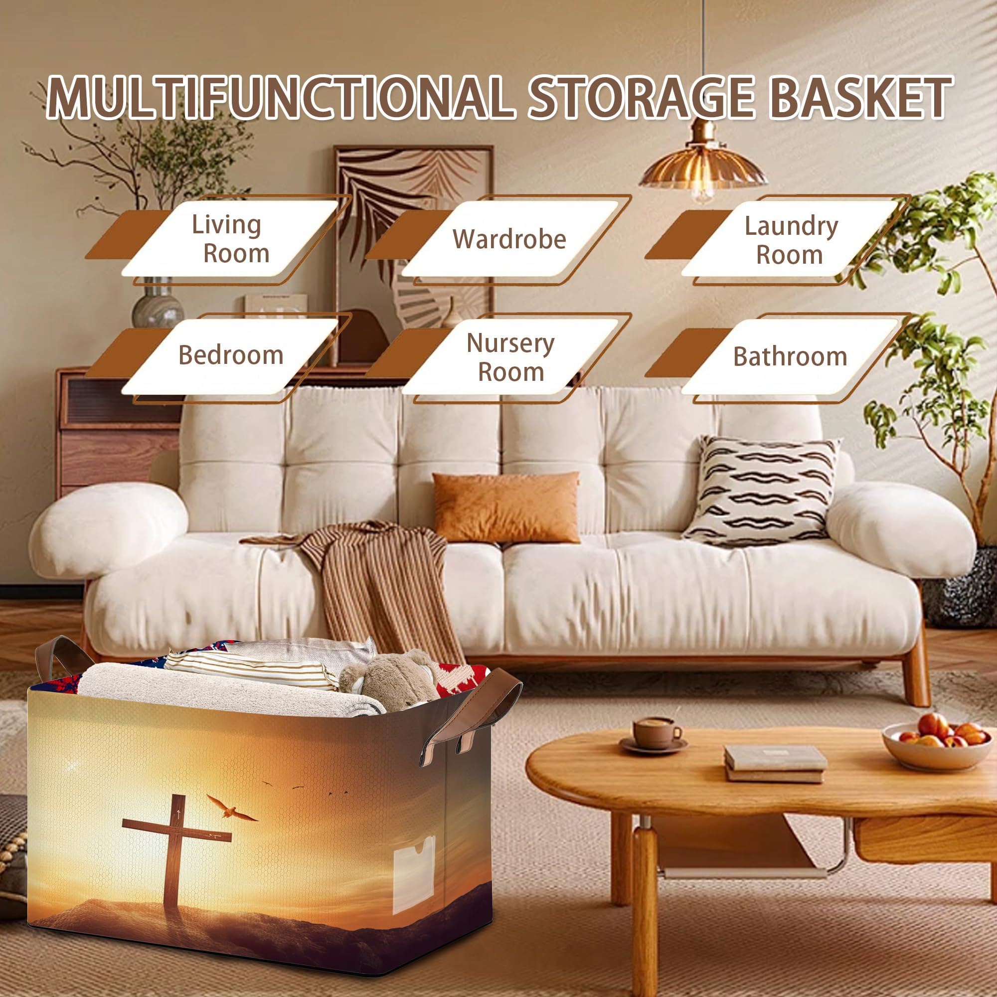Mogifedc cross-pattern basket for church storage of decor and supplies.