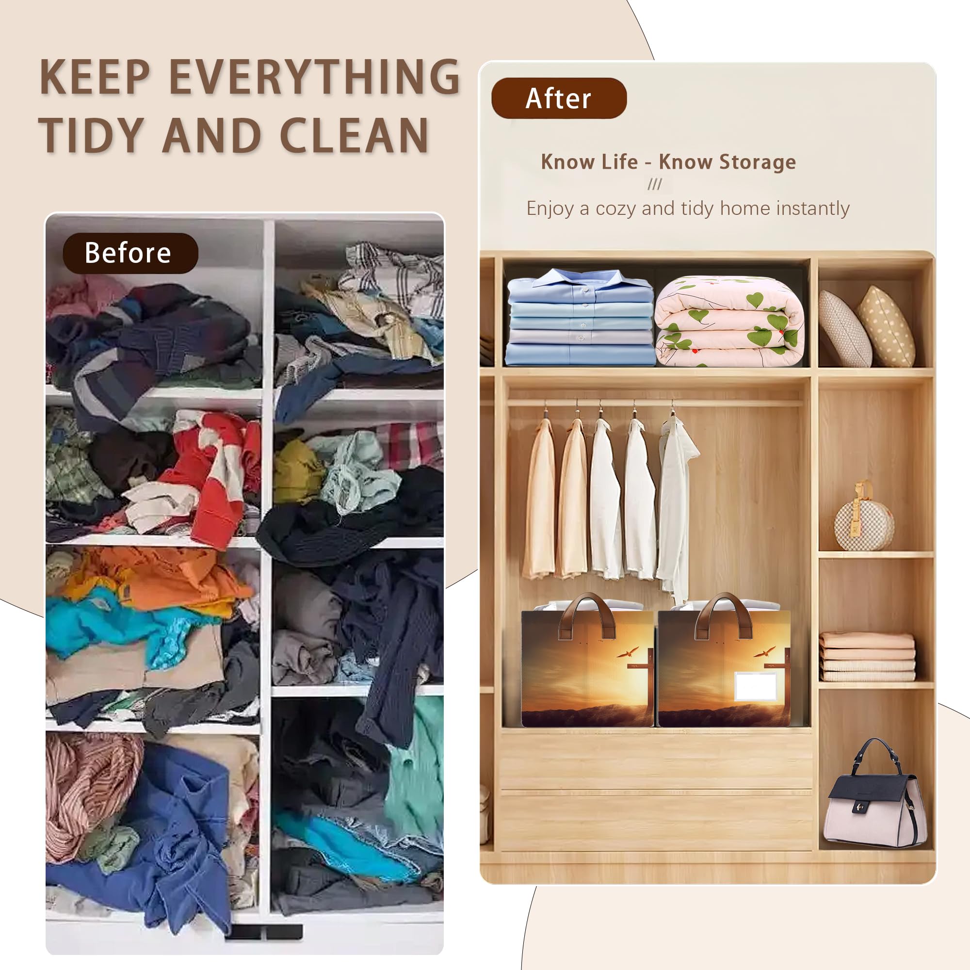 Mogifedc cross-pattern basket in closet keeps seasonal items neatly organized.