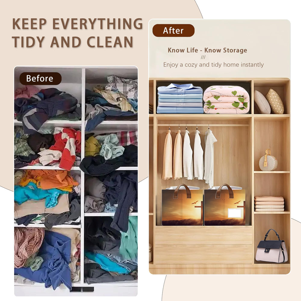 Mogifedc cross-pattern basket in closet keeps seasonal items neatly organized.