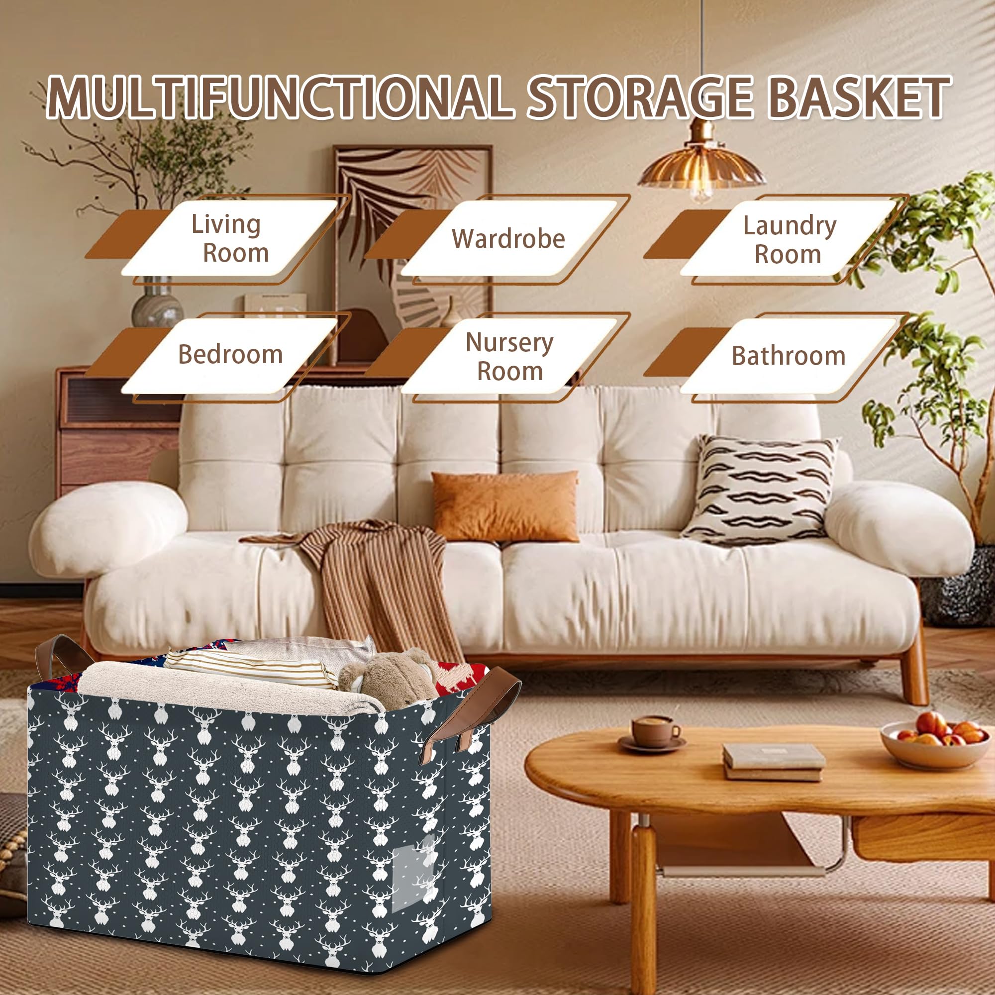 Mogifedc Living room scene with forest deer basket for clutter control