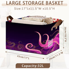 Mogifedc Ocean Life Storage Basket leather handles closeup, reinforced stitching.