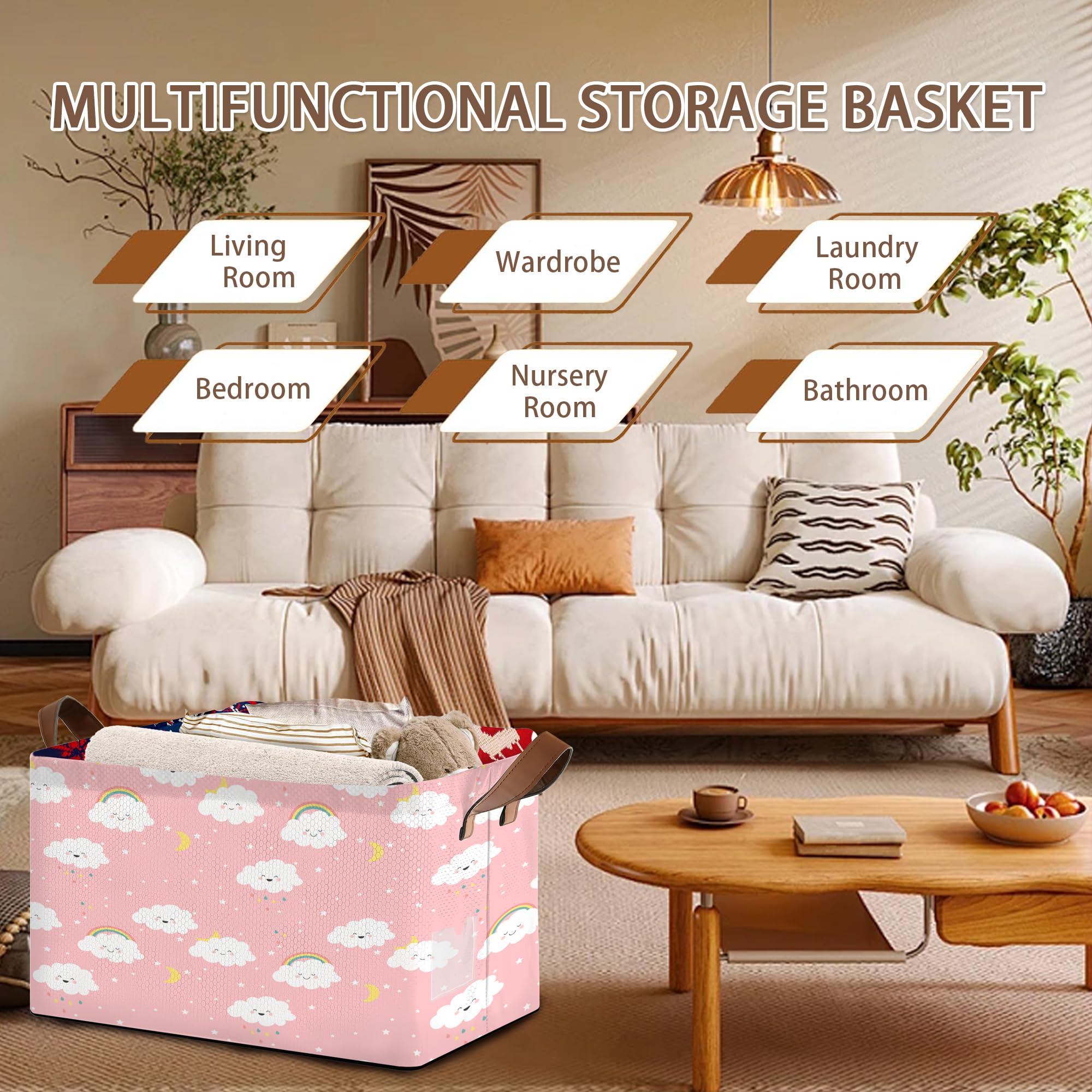 Mogifedc Pink Cloud Basket ideal for laundry organization in a bedroom.