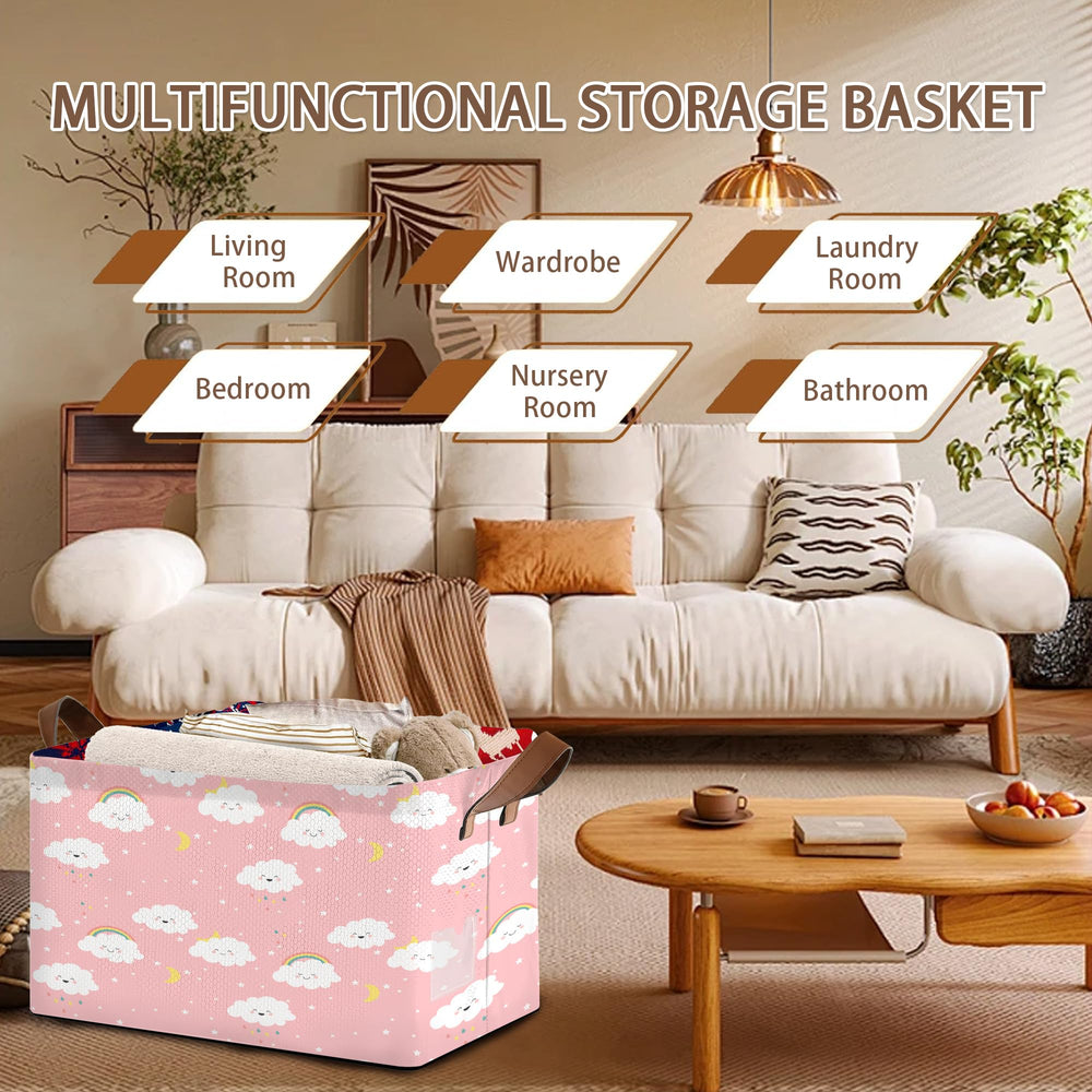 Mogifedc Pink Cloud Basket ideal for laundry organization in a bedroom.