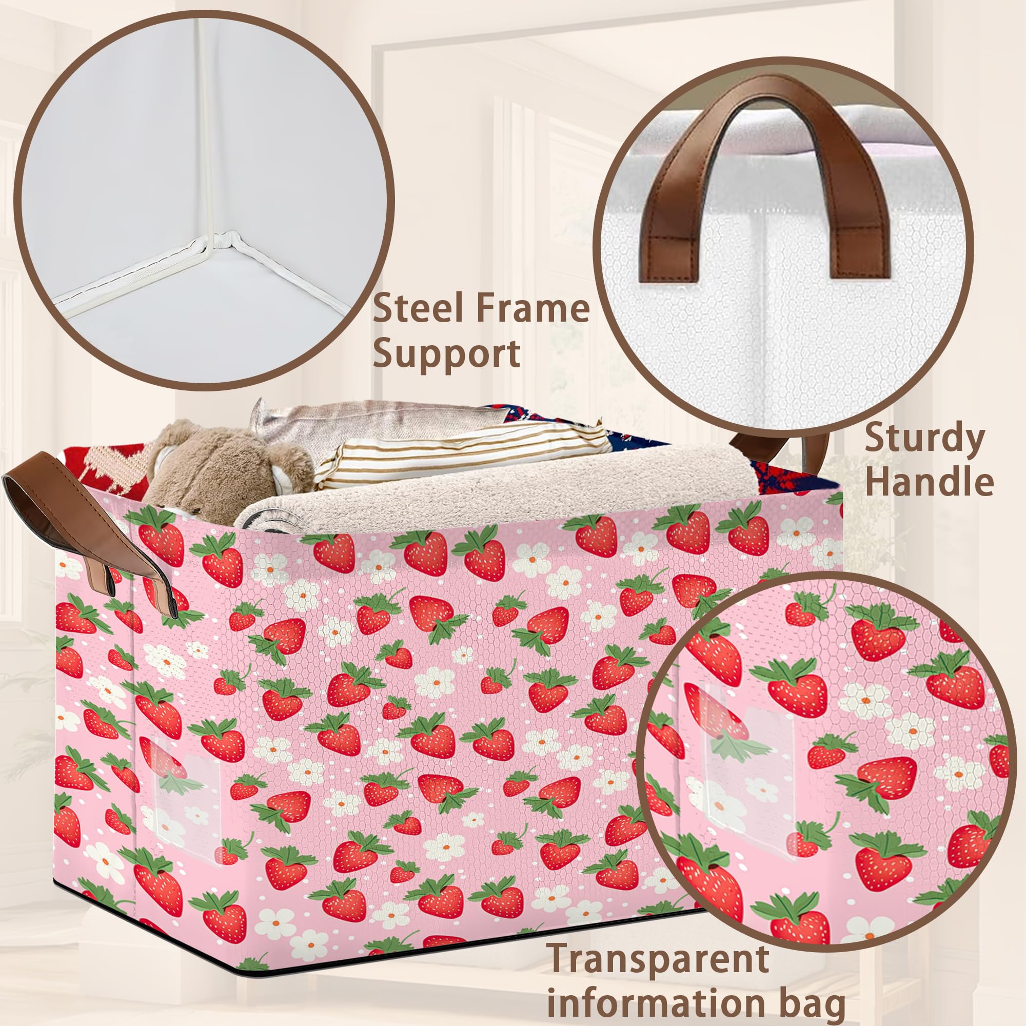 Mogifedc Pink Strawberry bin in living room beside sofa for quick access to essentials.