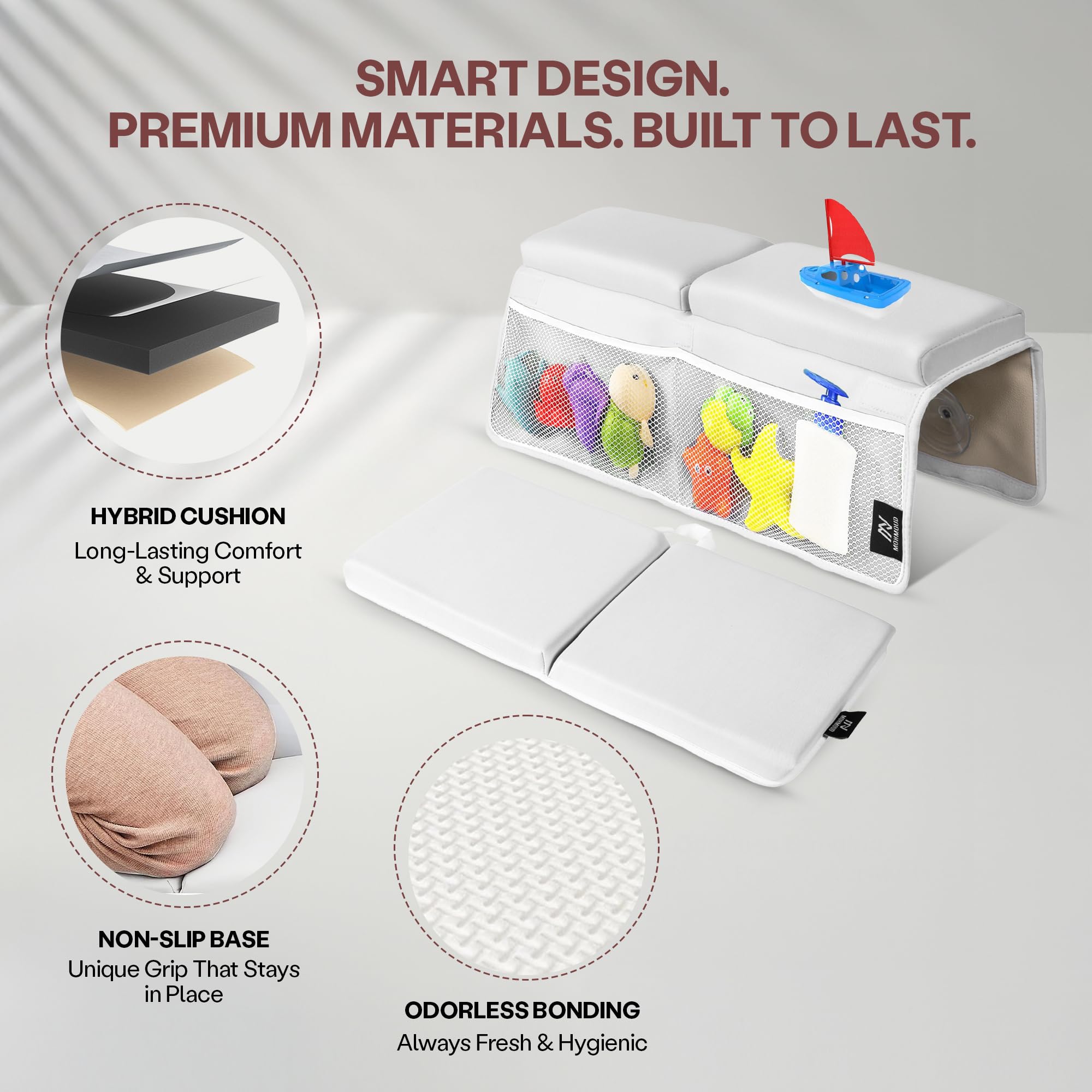 Mohmoud breathable mesh pockets keep brushes, washcloths, and toys within reach