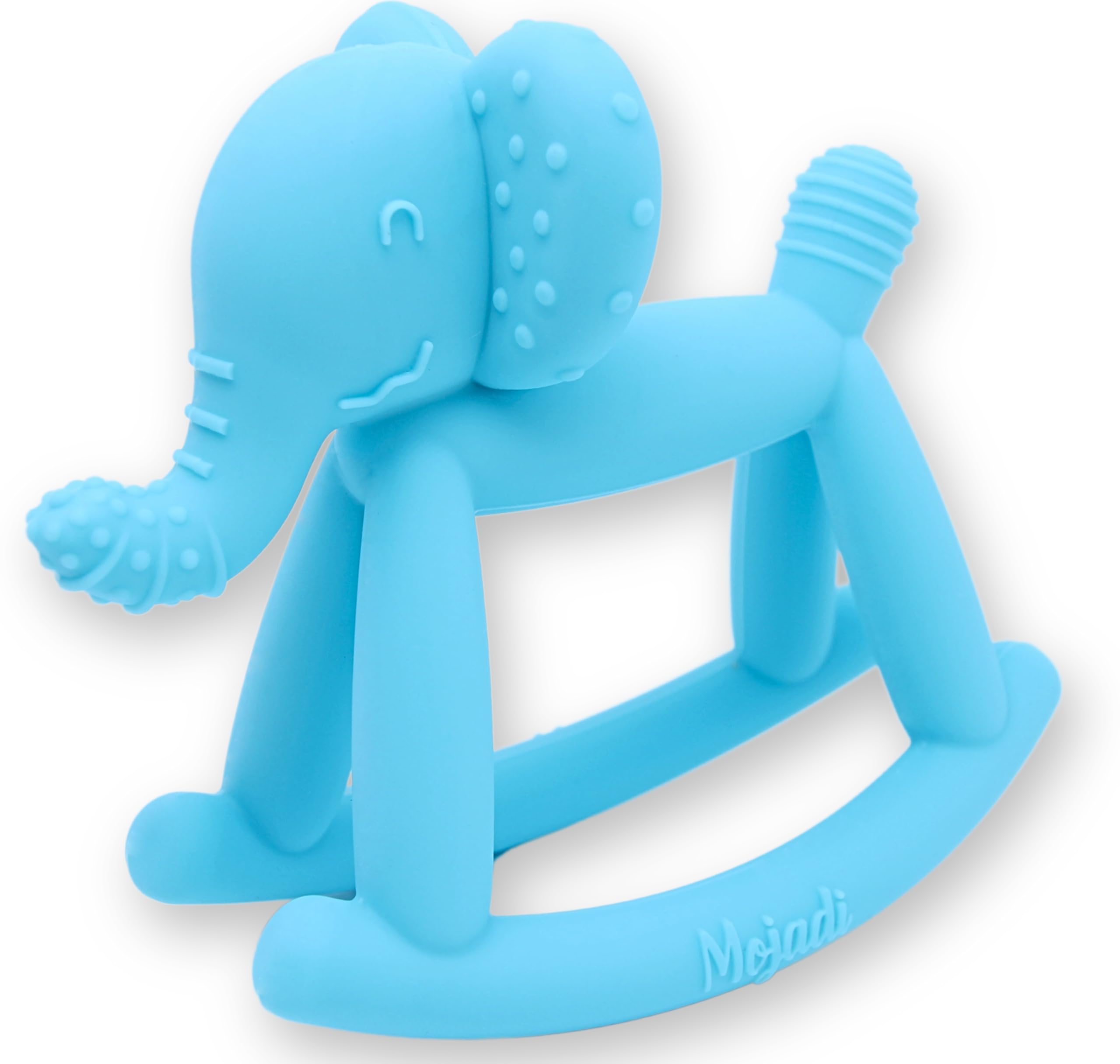 Mojadi ELPHY teething toy elephant close-up demonstrates safe silicone relief for baby's gums.