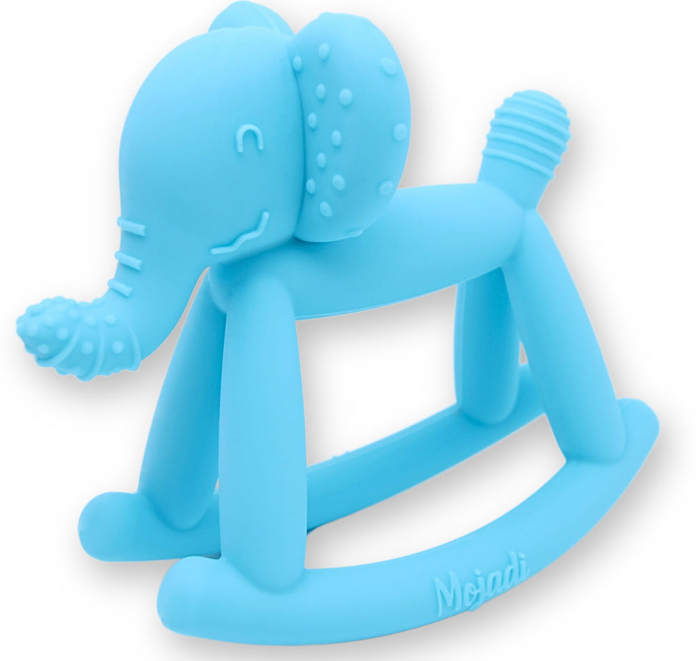 Mojadi ELPHY teething toy elephant close-up demonstrates safe silicone relief for baby's gums.