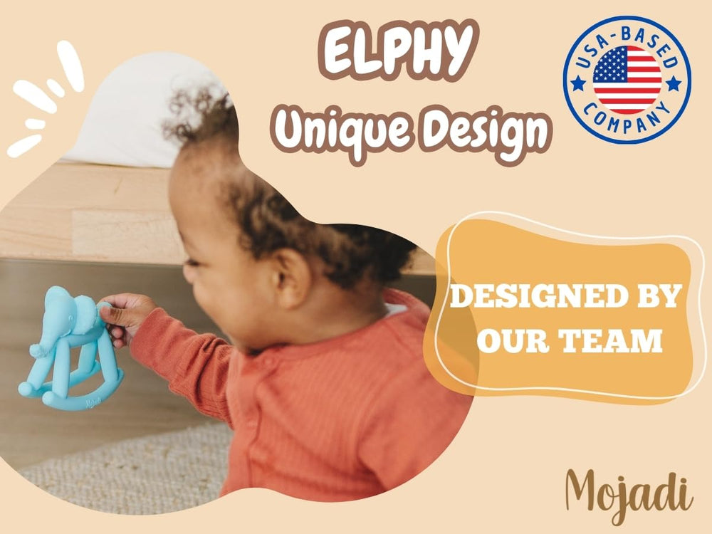Mojadi ELPHY teething toy textures reveal varied surfaces for soothing teething.