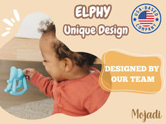 Mojadi ELPHY teething toy textures reveal varied surfaces for soothing teething.