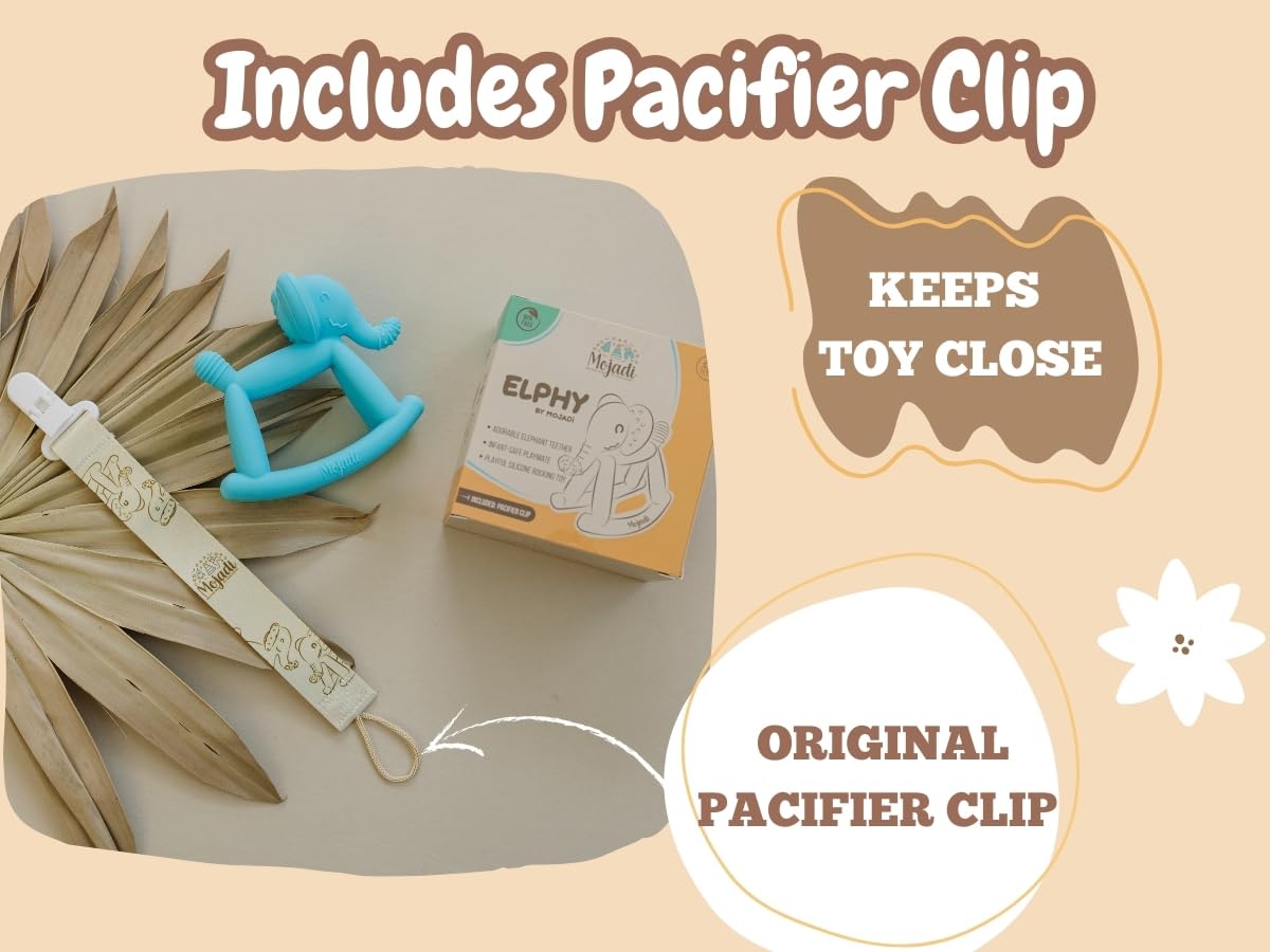 Mojadi ELPHY on-the-go clip setup for travel-friendly teethers.