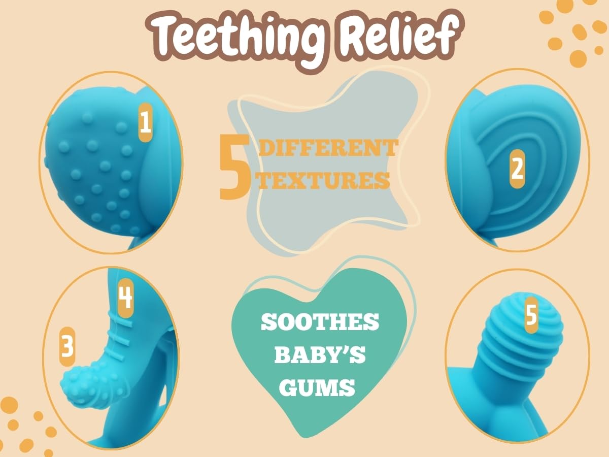Mojadi ELPHY teether with clip keeps the toy within reach during play.