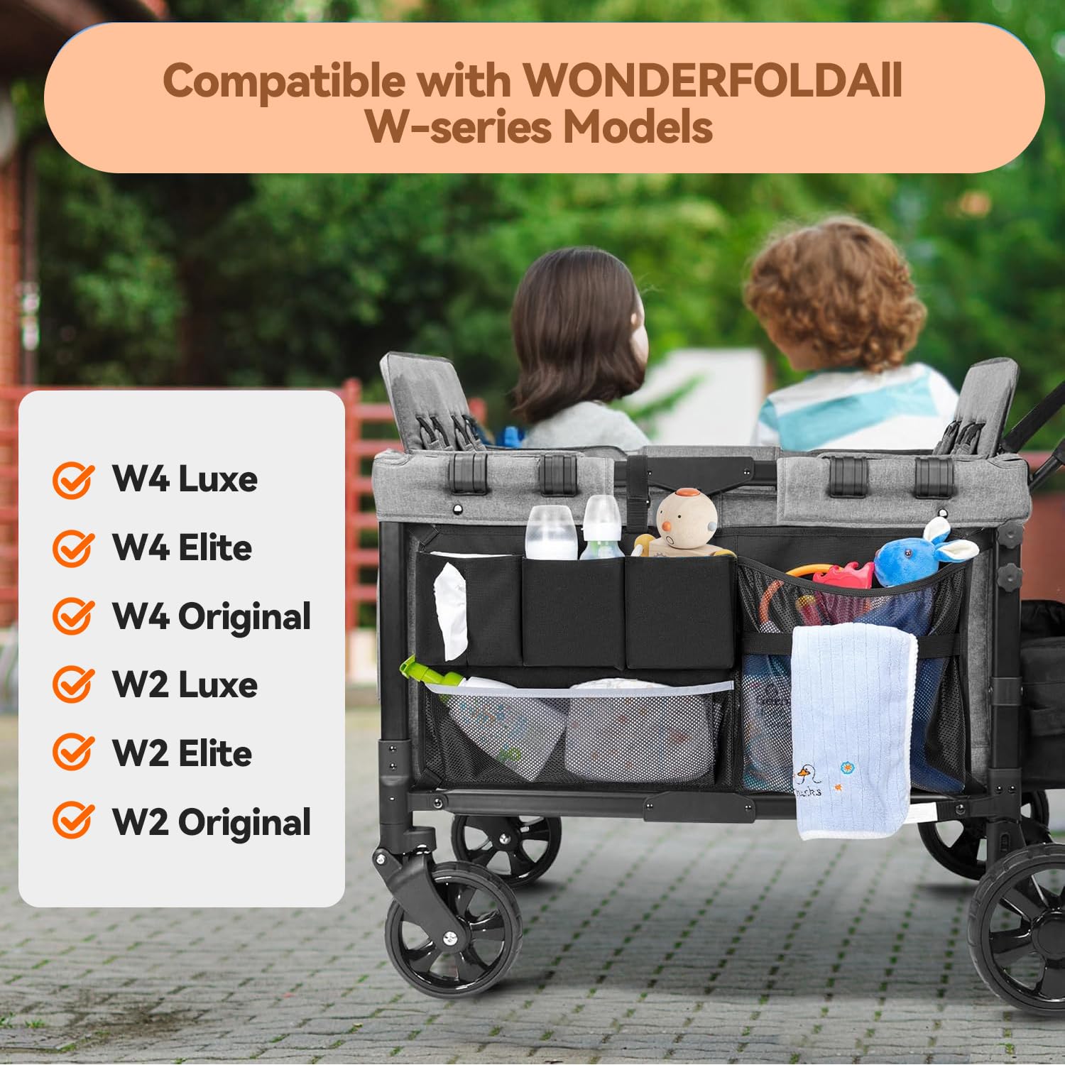 MOJELIM diaper and toy pockets show quick sorting on family trips.