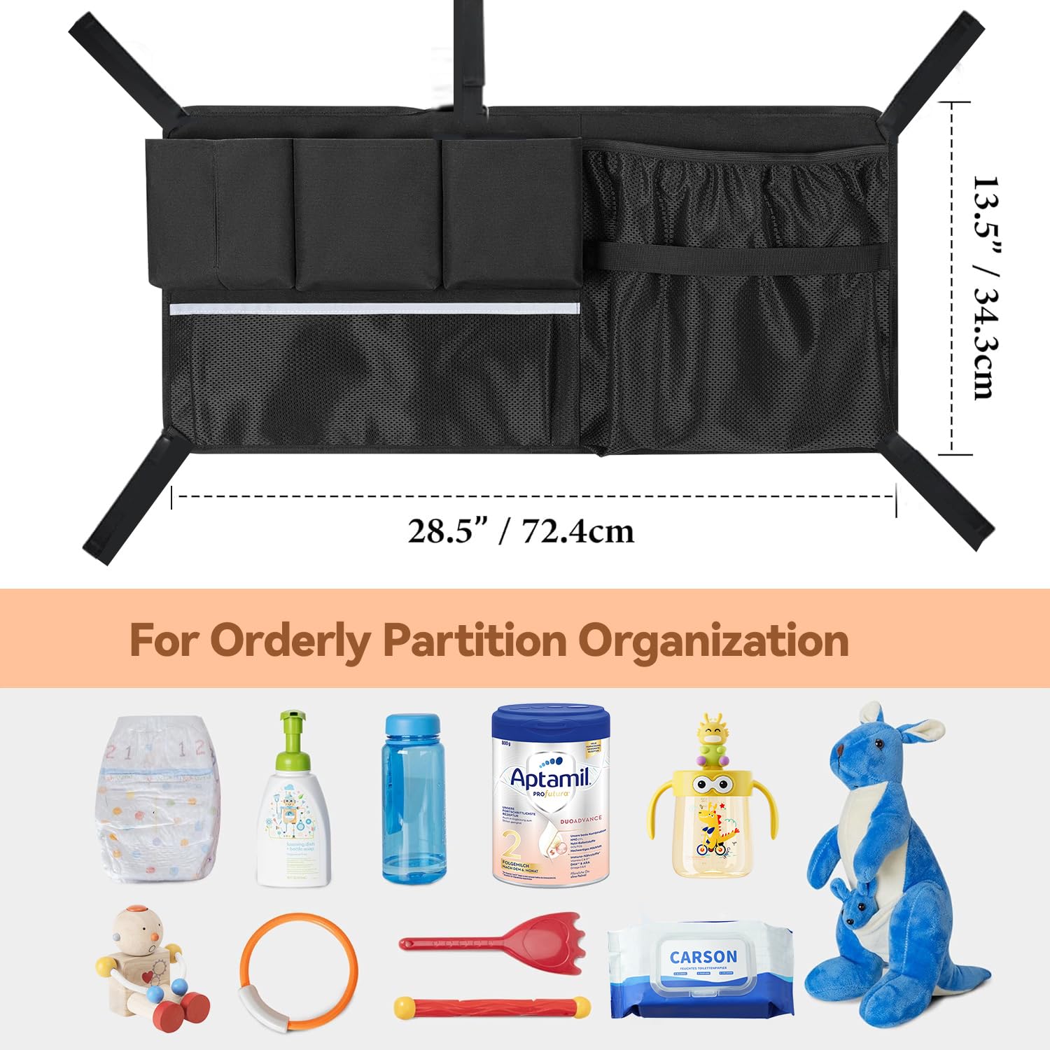 MOJELIM mesh pockets illustrate bottle, tissue, and diaper organization.