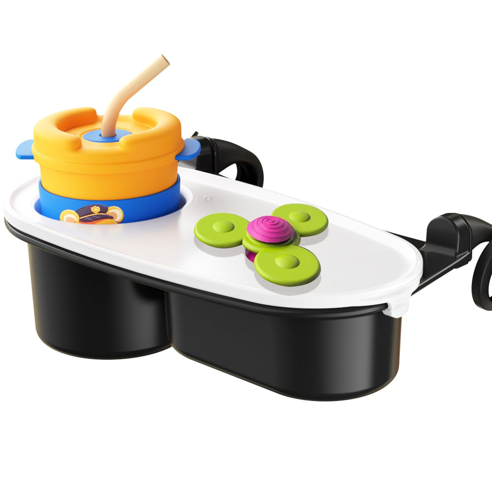 MOJELIM stroller cup holder tray with silicone arms securing cups