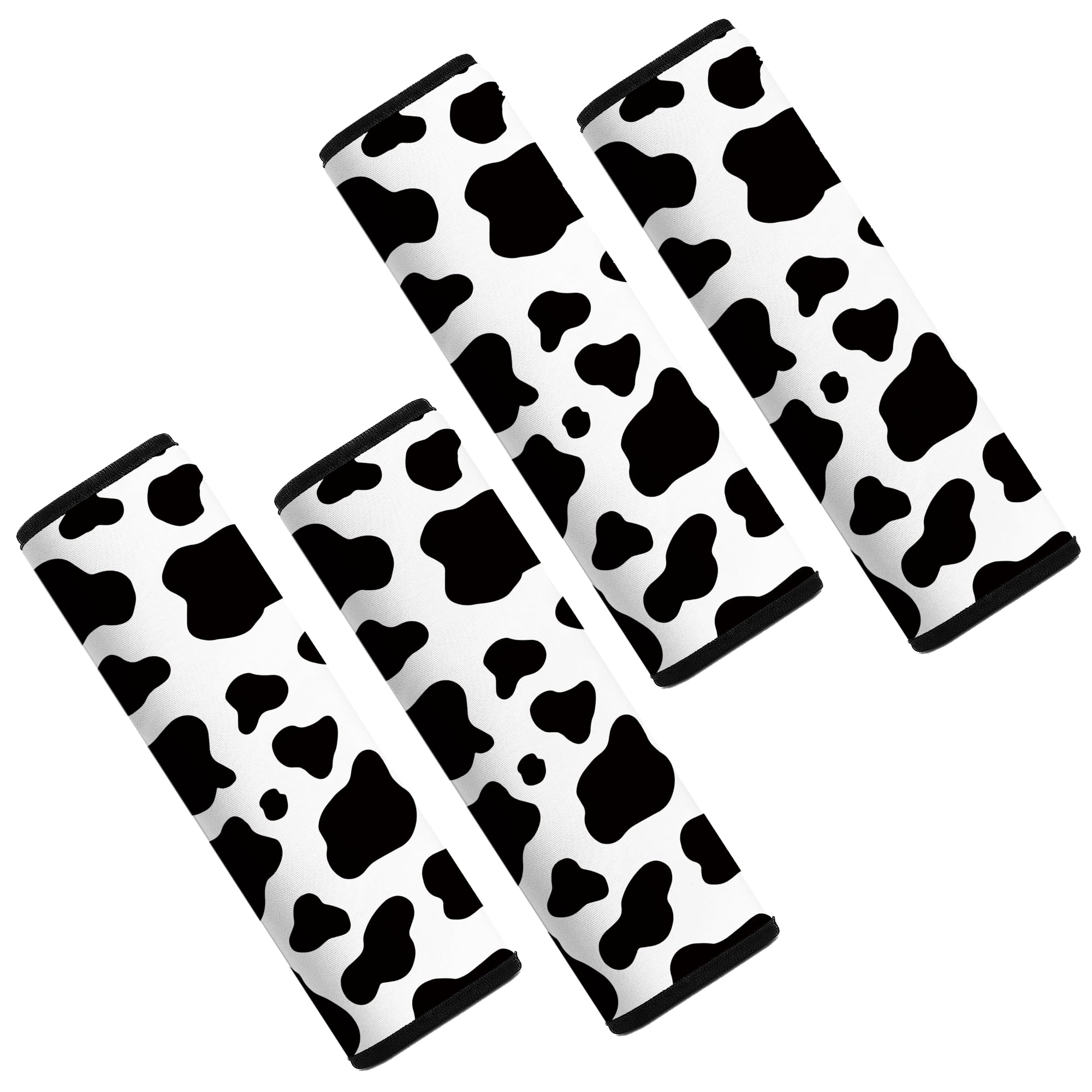 Mokiwala cow-pattern car seat belt pad cover seen from the front for comfortable cushioning.