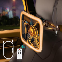 MoKo baby car mirror with light showing 360-degree rotation for easy viewing