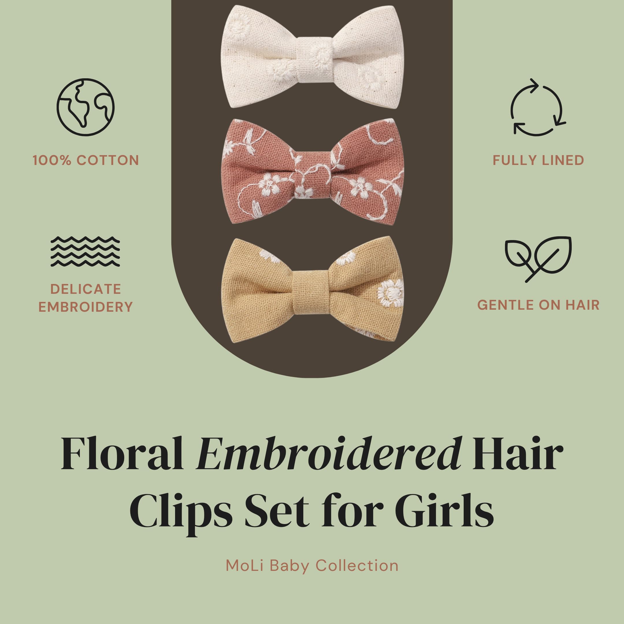 MoLi Baby Collection floral embroidered cotton bow clip, fully lined for durability