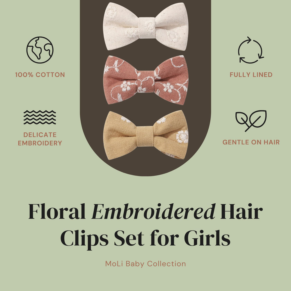 MoLi Baby Collection floral embroidered cotton bow clip, fully lined for durability