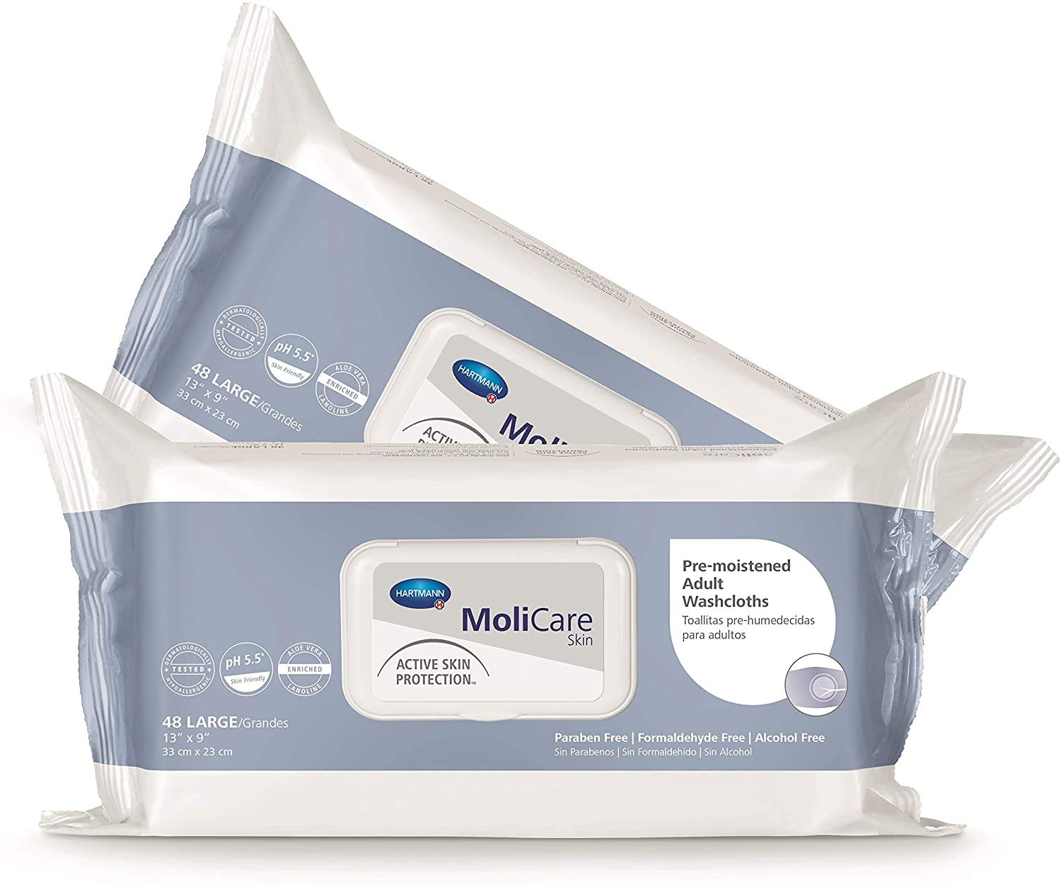 Molicare Skin Washcloths with aloe vera and lanolin pack for gentle cleansing and skin comfort.