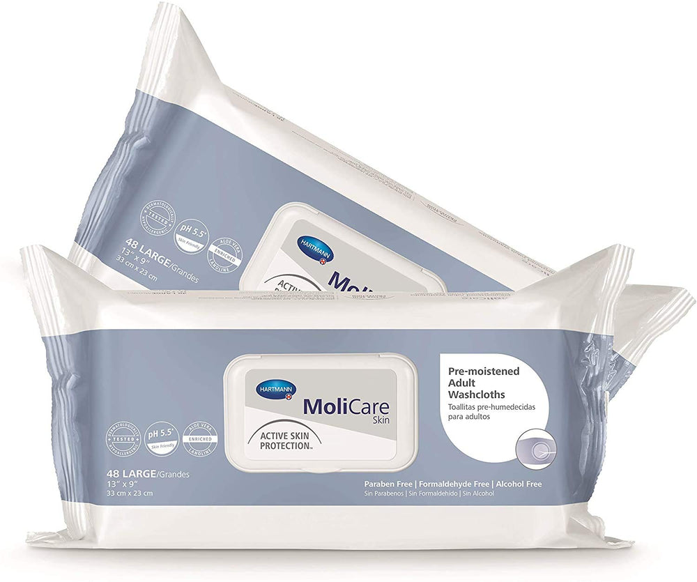 Molicare Skin Washcloths with aloe vera and lanolin pack for gentle cleansing and skin comfort.