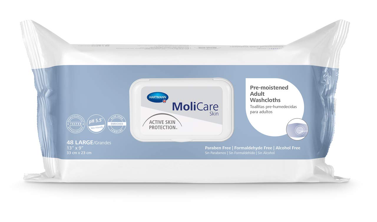 Molicare Washcloths pop-up dispenser close-up showing convenient, space-saving use.