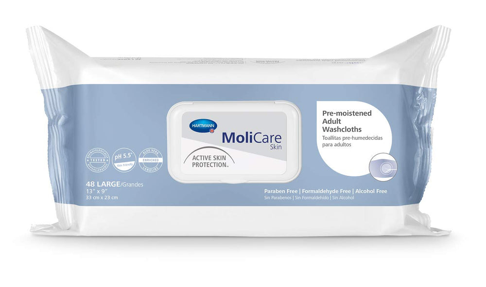 Molicare Washcloths pop-up dispenser close-up showing convenient, space-saving use.