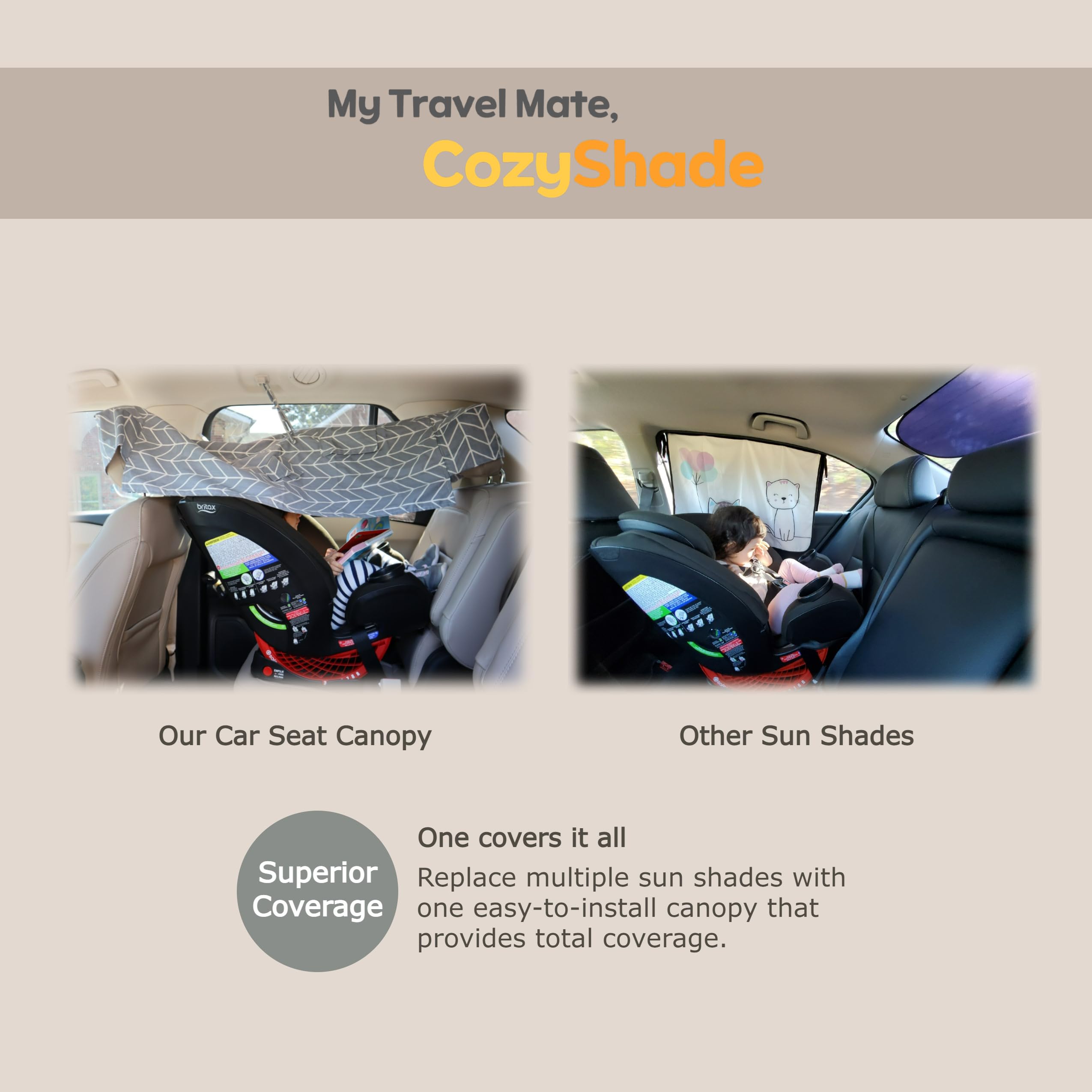 Mollycoddle cover for rear-facing and forward-facing seats providing shade and privacy