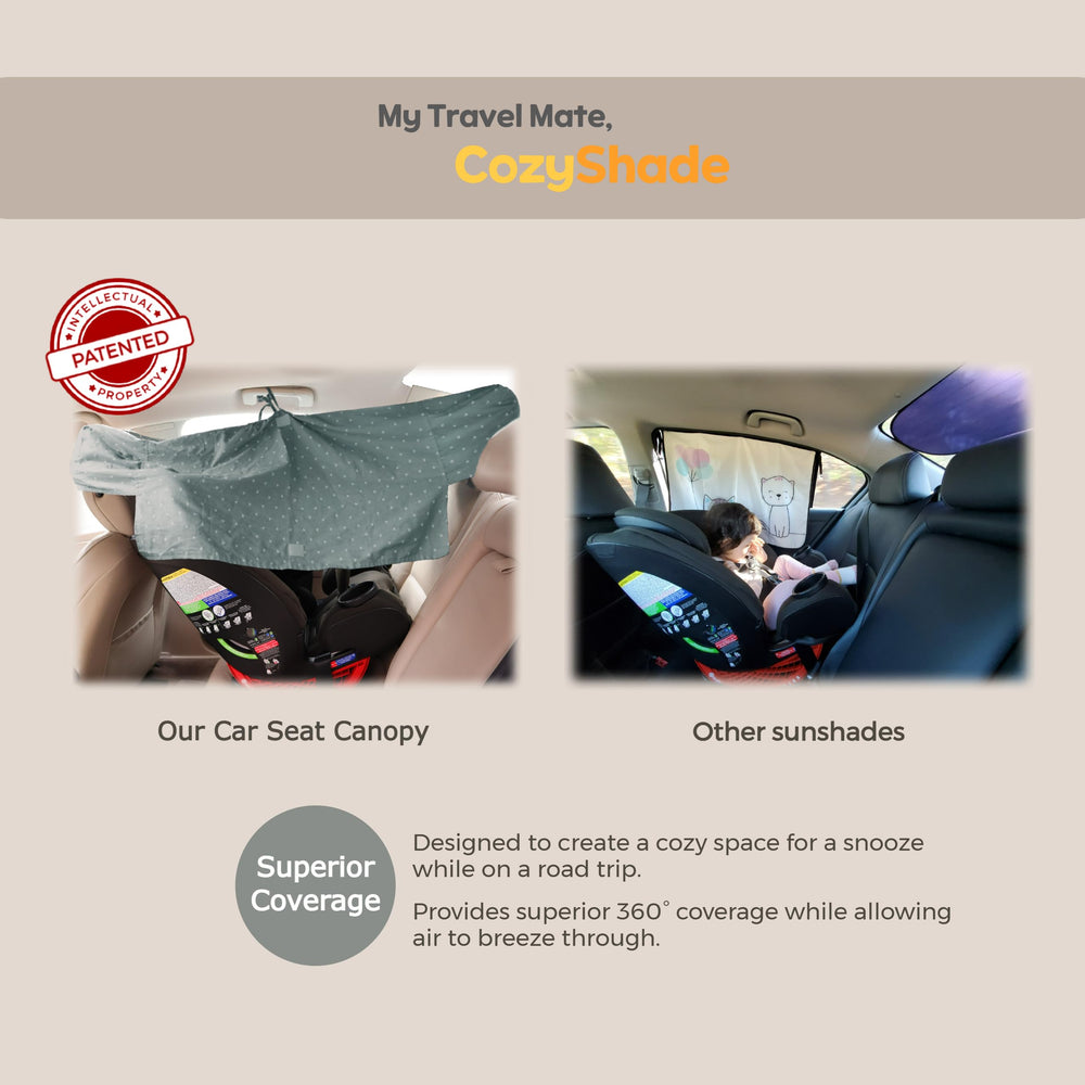Mollycoddle sun visor extender reduces glare for rear- and forward-facing seats during trips.