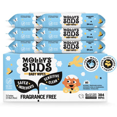 Molly's Suds sensitive clean baby wipes in a 6-pack flip-top, gentle for delicate skin.