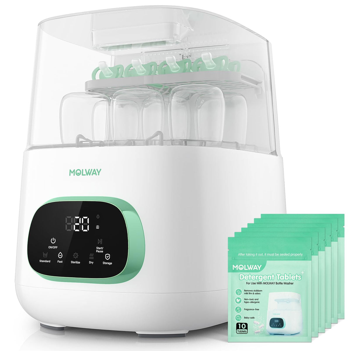 MOLWAY upgraded bottle washer top view showing all-in-one cleaning and storage for busy households.